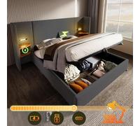 Lit rembourré 180x200 avec Table de Chevet, Fonction de Charge USB-C et Lampe de Lecture, lit Coffre en Lin avec sommier à Lattes et Cadre en métal, Gris, lit Double sans Matelas