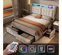 Lit rembourré 180x200, lit double avec tête de lit LED et fonction de charge USB C et 4 tiroirs, lits de rangement avec sommier à lattes en bois et cadre en métal, capacité de charge 300 kg, Be