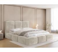 Lit Rembourré 200x200 Coffre avec Rangement - Capitonné Beige en Tissu Velours - Double Moderne avec Tête De Lit - Cadre De Lit avec Sommier à Lattes - Adulte - Harmony - Crème