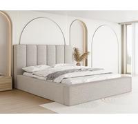 Lit Rembourré 200x200 Coffre avec Rangement - Capitonné Crème en Tissu Bouclette - Double Moderne avec Tête De Lit - Cadre De Lit avec Sommier à Lattes - Adulte - Amira - Beige