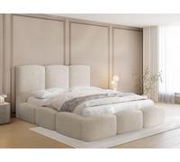 Lit Rembourré 200x200 Coffre avec Rangement - Capitonné Crème en Tissu Bouclette - Double Moderne avec Tête De Lit - Cadre De Lit avec Sommier à Lattes - Adulte - Harmony - Beige