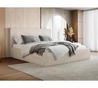 Lit Rembourré 200x200 Design Bohème - Coffre avec Rangement - Capitonné en Tissu Bouclette Beige - Double Moderne avec Tête De Lit - Cadre De Lit avec Sommier à Lattes - Adulte Terra