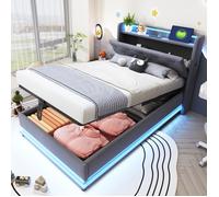 Lit rembourré 90 * 200cm avec lampe à changement de couleur et prise USB tête de lit pliable avec rangement hydraulique avec poc