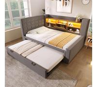 Lit rembourré, 90 x 200 cm, avec lit gigogne 90 x 190, avec LED, tête de lit en forme de L avec espace de rangement, montage des deux côtés, sommier à lattes, en lin, gris (sans matelas)