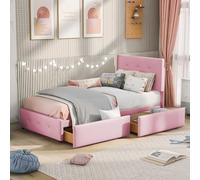 Lit rembourré, 90 x 200 cm, avec sommier à lattes, dossier et deux tiroirs, tissu en velours doux pour la peau, lit simple, plat, pour enfant, adolescent, invité (rose)