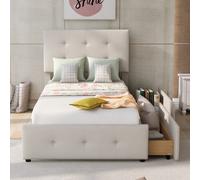 Lit rembourré 90 x 200 cm avec sommier à lattes, et deux tiroirs, lit simple, lit jeune, lit d'appoint, tissu velours Caractéristiques :1. Style classique : Avec son style classique, son surmatelas ro