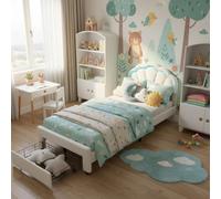 Lit rembourré 90 x 200 cm, lit simple 90 x 200 cm, avec sommier à lattes, tête de lit réglable en forme de pétale, pour enfants, adolescents, en velours, sans matelas (blanc, F01, 90 x 200 cm)