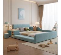 Lit rembourré, 90 x 200 cm, pour enfants, lit simple, avec bureau et tabouret intégrés, étagère de rangement, tête de lit en velours doux, blanc, pour apprendre, jouer et dormir, bleu, 140 x 200 cm