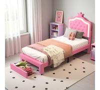 Lit rembourré, 90 x 200 cm, pour fille, avec LED réglable et tiroir de rangement, motif de princesse héritière, pour filles et adolescentes, en polyuréthane, sans matelas (rose, 90 x 200 cm)