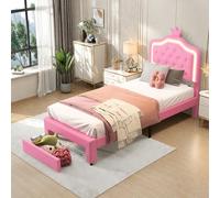 Lit rembourré, 90 x 200 cm, pour fille, avec LED réglable et tiroir de rangement, motif de princesse héritière, pour filles et adolescentes, en polyuréthane, sans matelas (rose, 90 x 200 cm)