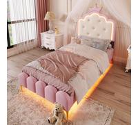 Lit rembourré 90x200 cm avec sommier à lattes, éclairage LED d'ambiance et design princesse, sans matelas, Rose