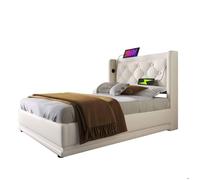 Lit rembourré 90x200 cm blanc PU avec coffre hydraulique tête de lit USB-C LED 3 côtés sans matelas