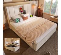 Lit rembourré 90x200 cm lit simple avec porte-gobelet caché et station de charge, lit hydraulique avec espace de rangement sous le lit, inclut sommier à lattes, lin beige (sans matelas) (Beige)