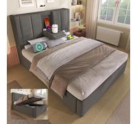 Lit rembourré 90x200 cm lit simple avec porte-gobelet caché et station de charge, lit hydraulique avec espace de rangement sous le lit, inclut sommier à lattes, lin beige (sans matelas) (Gris)