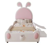 Lit Rembourré 90x200cm, Lit Simple avec Petit Escalier Et Toboggan pour Enfants, Tête De Lit avec Oreilles De Lapin, avec Lattes en Bois, PU, Blanc + Rose