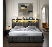 Lit rembourré - AMBIANCE - 140 x 200 cm - Lumière LED - Tête de Lit avec Port de USB et Type C - Coffre de rangement - PU