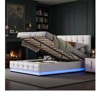 Lit rembourré - AMBIANCE - 140x200 cm - avec éclairage LED & Coffre de rangement - Cadre de lit & Sommier à latte - Lit Hydraulique
