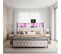 Lit rembourré - AMBIANCE - 140x200cm - Sommier à lattes - avec Tête de lit - Lumieuse LED - Coffre de rangement - avec 4 Tiroirs