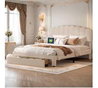 Lit Rembourré - AMBIANCE - 160 x 200 cm - Cadre de Lit avec Prise USB&Type C - Tête de Lit réglable en hauteur - Tiroir de