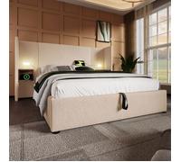 Lit rembourré avec rangement - AUTREMENT - 180x200 cm - Beige - Lampe de lecture - Port USB