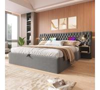 Lit rembourré avec Rangement hydraulique, Lit Double 160×200 cm avec 2 Tables de Chevet, tête de lit avec Lampe de Lecture et Fonction de Charge USB 241×210×105 cm, Gris, Velours (sans Matelas)