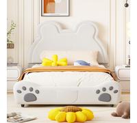 Lit rembourré Beau lit d'enfant, 140 x 200 cm, forme d'ours. Lit simple en velours doux pour la peau, blanc