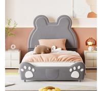 Lit rembourré Beau lit d'enfant, 90 x 200 cm, forme d'ours. Lit simple en velours doux pour la peau, gris