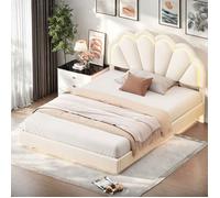 Lit rembourré beige avec lumineuse LED, lit suspendu 140x200 cm, lit double en velours, cadre de lit flottant avec sommier à lattes