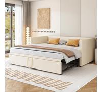 Lit rembourré Canapé-lit extensible 90/180 * 200 cm avec sommiers à lattes, lit multifonctionnel en tissu velours agréable à la peau Beige