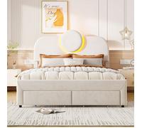 Lit rembourré double 140x200 cm avec sommier à lattes, tête de lit réglable, Lumières LED et 2 tiroirs, tissu velours, Beige