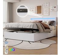 Lit rembourré double et coffre adult-LED,USB -blanc, sans matelas,lin,160×200 cm-HAUSS SPOLE