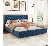 Lit rembourré double - LANGTU - 160×200 cm - Velours bleu - Sommier à lattes inclus - Structure MDF & métal
