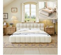 Lit Rembourré Double - SylviVibe - 140x190cm - Design Bas Moderne + Rembourrage Haute Densité - Tissu Lin Beige