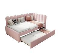 Lit Rembourré en L, 140x200 cm, Canapé Convertible avec Dossier Fleuri Et Lit Gigogne en Tissu Velours Rose,sommier À Lattes, Cadre en Pin