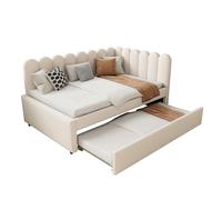 Lit Rembourré en L Beige, 140x200 cm, Canapé Convertible avec Dossier Fleuri Et Lit Gigogne en Tissu Velours,sommier À Lattes, Cadre en Pin