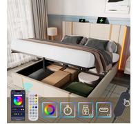 Lit rembourré en Lin 140 x 200 avec coffre de rangement,Lit double avec LED et recharge USB Type C, sommier à lattes en bois,Beige