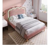 Lit Rembourré fille 90x190 cm - Lit Enfant simple avec LED - Tête de Lit Réglable en Hauteur, Lattes, Velours, Rose