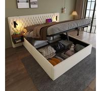 Lit rembourré hydraulique Lit de rangement double 180×200 cm avec 2 tables de nuit, tête de lit avec USB , Beige, Sans matelas