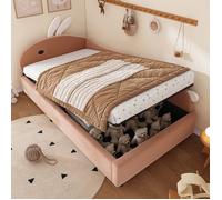 Lit rembourré hydraulique, lit simple, lit enfant, 90x200cm, avec tête de lit lapin mignon,barrière,lit coffre, velours, rose+blanc