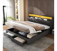 Lit rembourré, lit coffre hydraulique avec coffre de lit, tiroirs et compartiments de rangement, tête de lit en mousse escamotable, lit double avec cadre en acier, linge de lit, 180 x 200 cm, gris