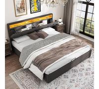 Lit rembourré, lit coffre hydraulique avec coffre de lit, tiroirs et compartiments de rangement, tête de lit en mousse escamotable, lit double avec cadre en acier, linge de lit, 160 x 200 cm, gris