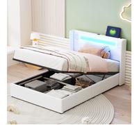 Lit rembourré Lit pour enfants 90x200 Lit avec barre de lumière LED,lecteur Bluetooth et charge USB,lit de stockage en cuir PU