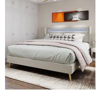Lit rembourré minimaliste moderne avec tête douce rétroéclairée à LED, 160x200 cm, Beige, Meubles de chambre multifonctionnels, Ba