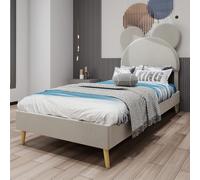 Lit rembourré moderne et minimaliste avec tête à thème de dessin animé en peluche, 90 x 200 cm, beige, meuble de chambre multifonction, base solide à profil bas (pas de stockage/pas de levage de gaz