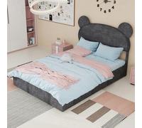 Lit rembourré moderne et minimaliste avec tête en forme de dessin animé doux, 140 x 200 cm, gris, meuble de chambre multifonction, base de rangement à profil haut avec mécanisme de levage à gaz