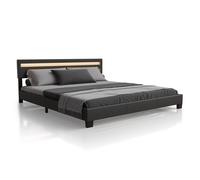 Juskys Lit rembourré Paris 180x200 cm avec éclairage LED, sommier à Lattes et tête de lit, Simili Cuir, Cadre de lit pour Adulte et ado, 2 Personnes, Noir