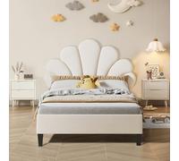 Lit rembourré, pour Enfant, lit Simple/Double avec tête de lit en Forme de Fleur et sommier à Lattes, pour Adolescente, Fille et Adolescente, Tissu Velours (Beige, 90x200cm)