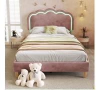 Lit rembourré pour enfant simple avec éclairage LED 90 x 190 cm Dossier réglable Tissu velours rose Matelas non inclus