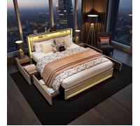 Lit Rembourré Queen Size - SylviVibe - 160x200cm - LED RGB + USB/Type-C - 4 Tiroirs - Tissu Lin Beige