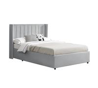 Juskys Lit rembourré Savona 140x200 cm avec Coffre, sommier à Lattes, Housse en Velours, Cadre de lit en Bois, jusqu'à 250 kg, Grande tête de lit, Gris Clair